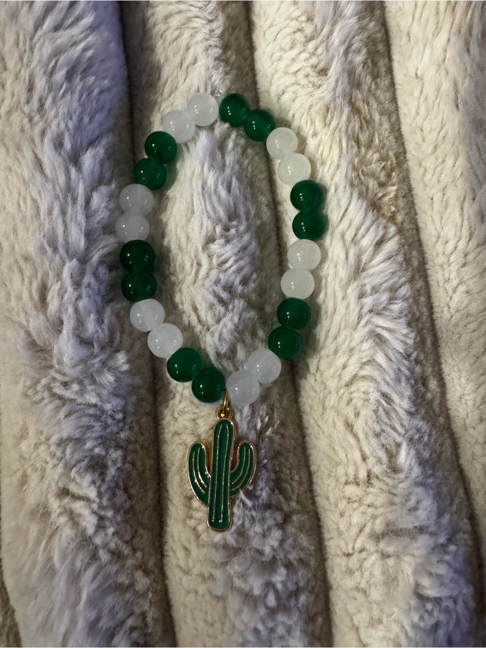 Green & White Beaded Bracelet with Cactus Charm